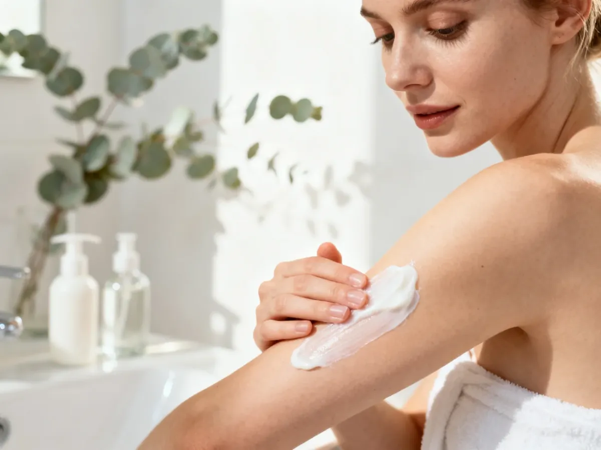 Kobieta nakłada kremowy balsam na ramię w jasnej, minimalistycznej łazience w stylu spa.