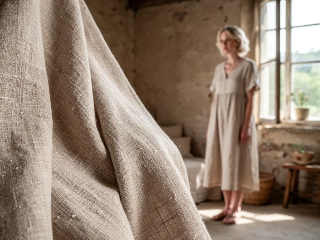 Zbliżenie na naturalną fakturę beżowego lnu. W tle rozmyta sylwetka kobiety w lnianej sukience w słonecznym, rustykalnym wnętrzu.