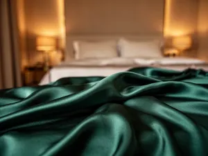 Starannie złożona tkanina lyocell o jasnobeżowym odcieniu na drewnianym stole, podkreślająca naturalną miękkość materiału.