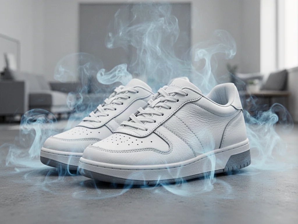 Skórzane sneakersy poddawane procesowi ozonowania w jasnym pomieszczeniu, co skutecznie usuwa nieprzyjemne zapachy.