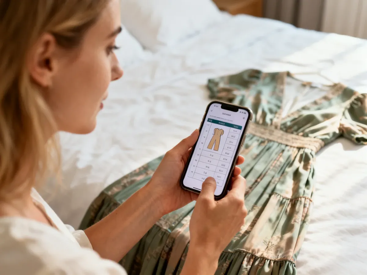 Kobieta porównuje tabelę rozmiarów w smartfonie z sukienką leżącą na łóżku, dobierając idealny rozmiar podczas zakupów online.