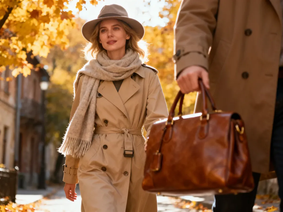 Stylowa kobieta w beżowym trenczu i z elegancką torebką spaceruje jesienną ulicą, prezentując modne dodatki na sezon.