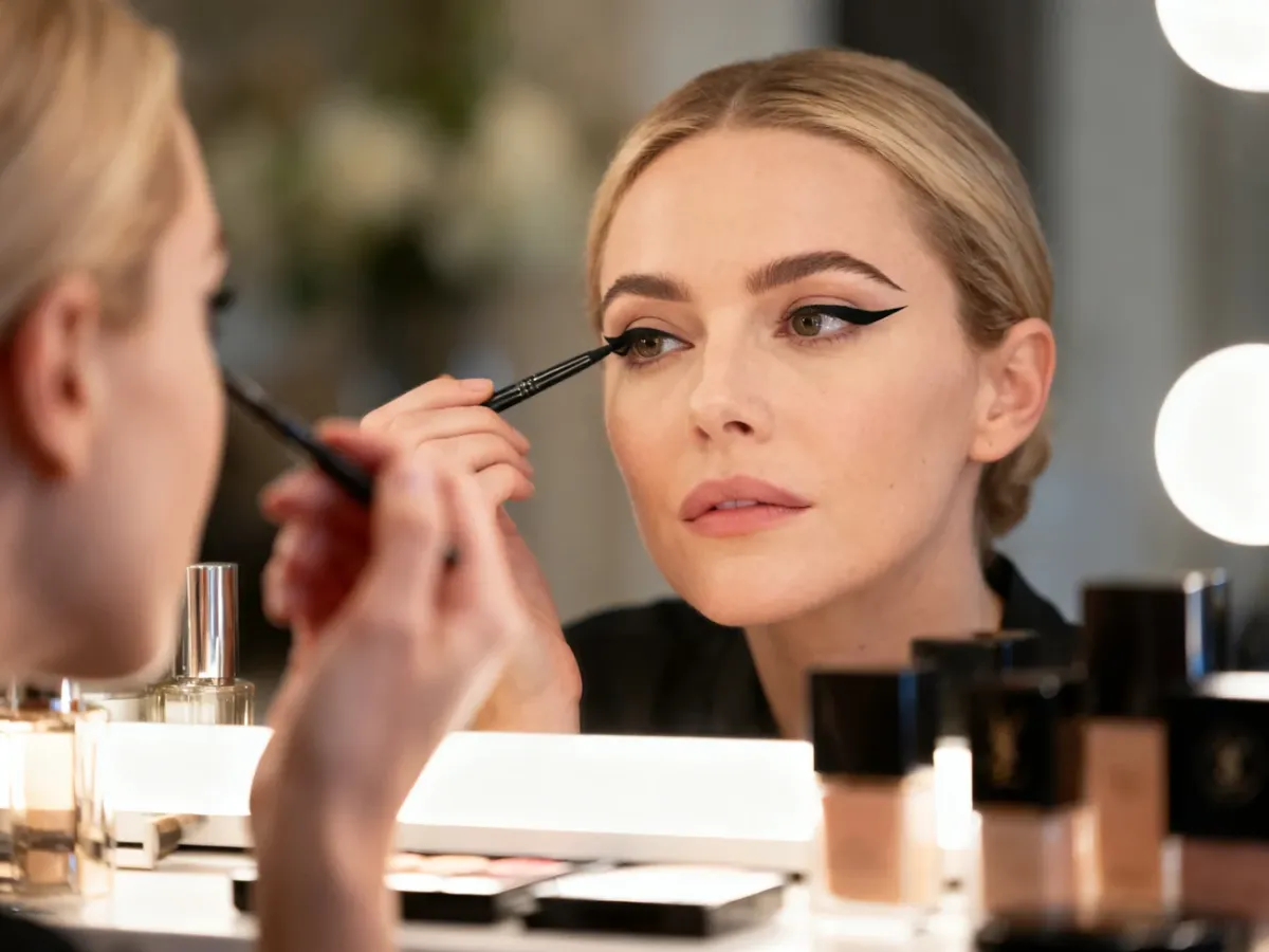 Kobieta precyzyjnie maluje czarną kreskę eyelinerem przy użyciu profesjonalnego pędzelka przed lustrem.