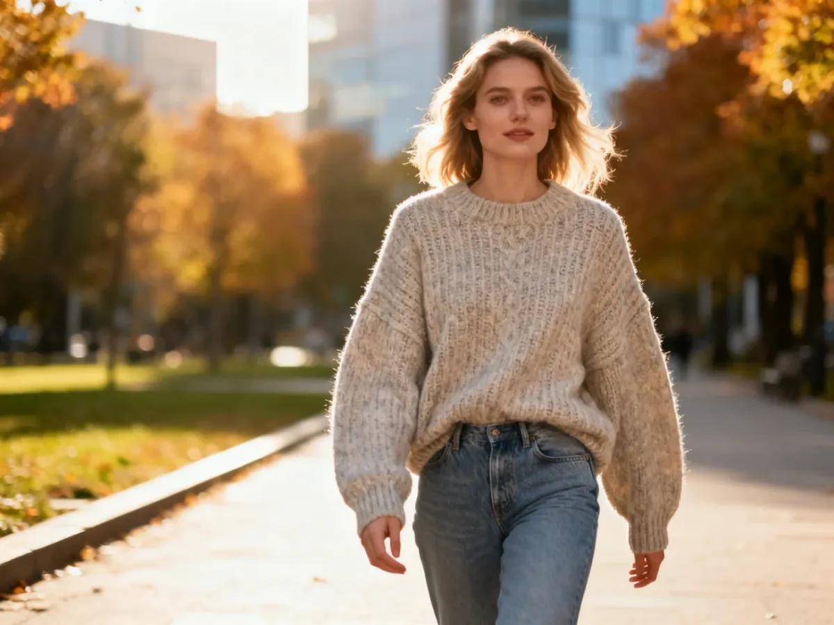 Stylowa kobieta w luźnym swetrze i jeansach spaceruje jesienną ulicą, prezentując modną i wygodną stylizację na weekend.