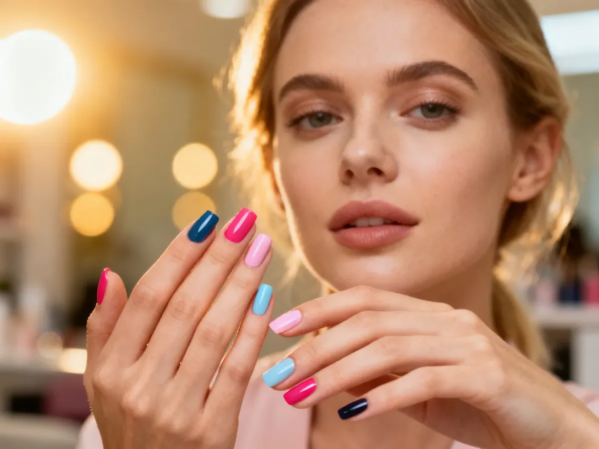 Eleganckie dłonie z profesjonalnym, modnym manicure w żywych kolorach na tle nowoczesnego salonu kosmetycznego.