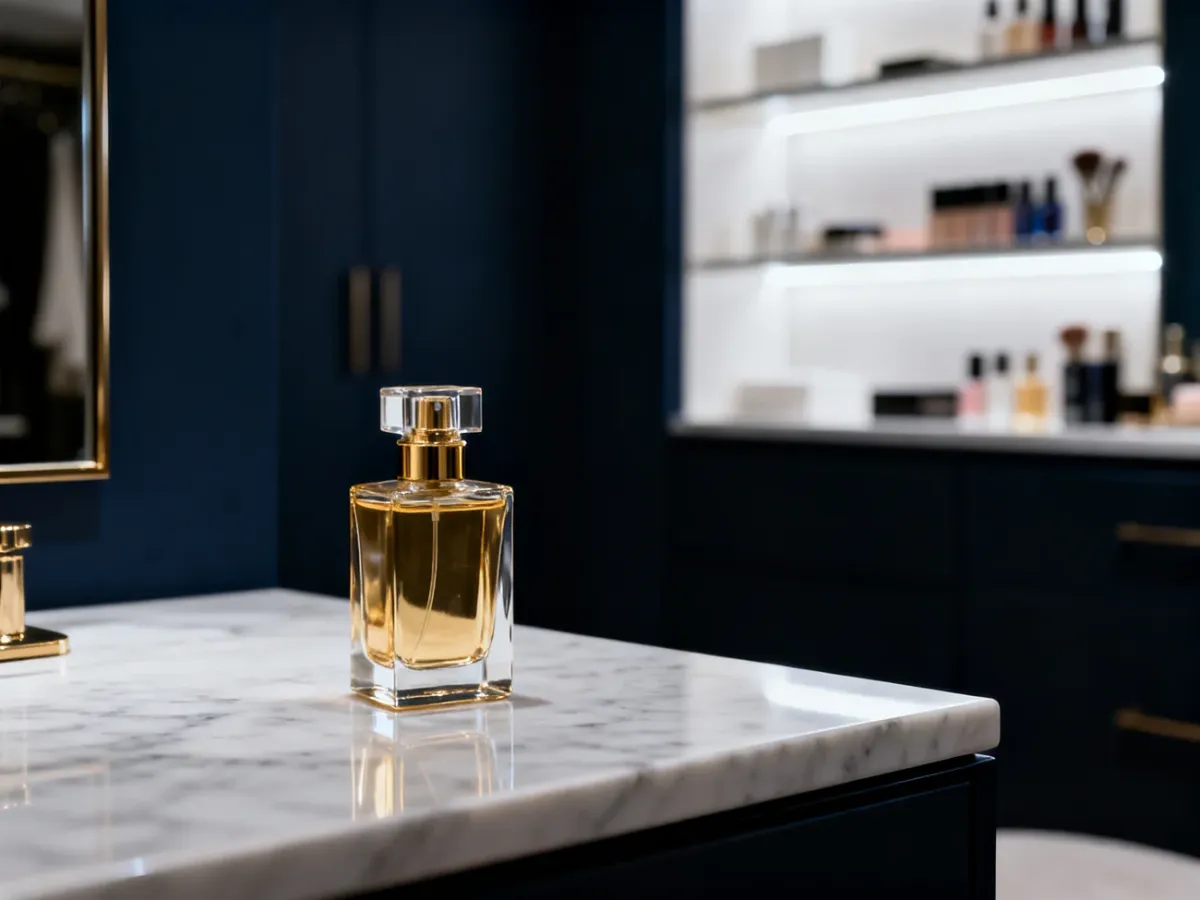 Elegancki flakon perfum na marmurowym blacie w stylowej garderobie, podkreślający znaczenie odpowiedniego przechowywania.