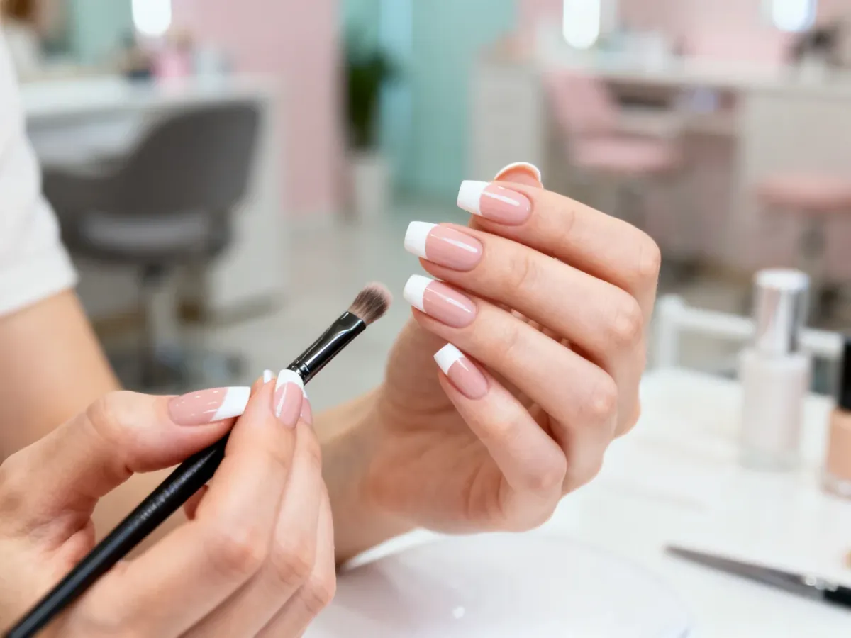 Dłonie z eleganckim manicure francuskim z białymi końcówkami na beżowej płytce, trzymające pędzelek kosmetyczny.