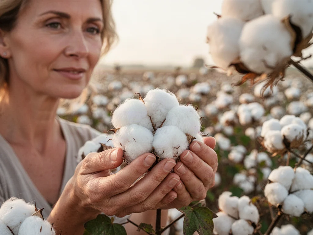Dłonie trzymające delikatne kwiaty bawełny organicznej na tle słonecznego pola, podkreślające naturalne pochodzenie surowca.