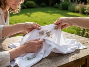 Zaschnięta plama z farby na białej tkaninie bawełnianej, przygotowana do czyszczenia w domowych warunkach.