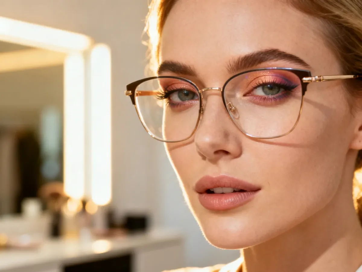 Kobieta w eleganckich okularach z profesjonalnym makijażem podkreślającym oczy, wykonanym w minimalistycznym wnętrzu.