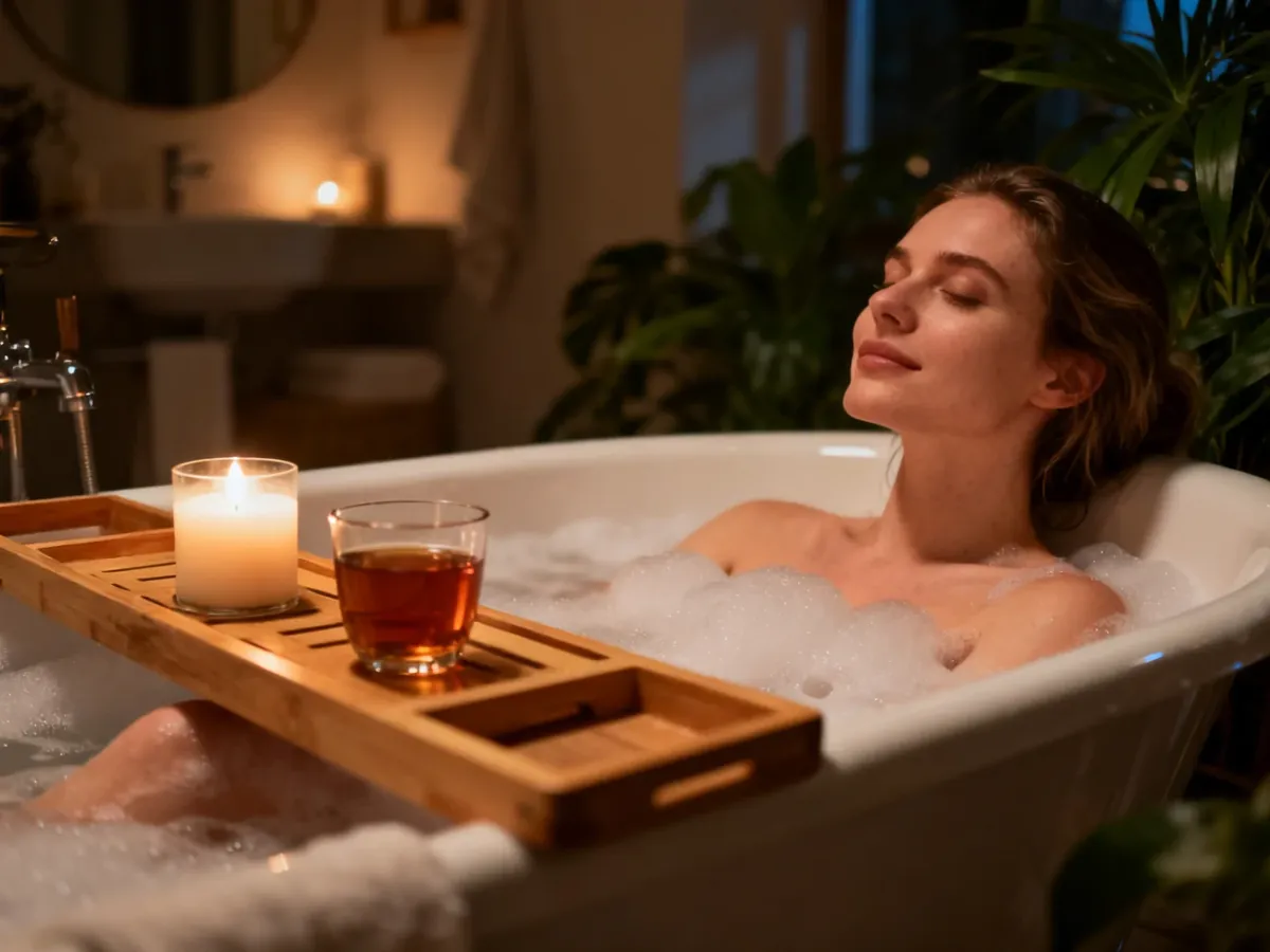 Kobieta relaksująca się w domowej wannie z pianą, przy świecy i herbacie, w otoczeniu roślin tworzących atmosferę spa.