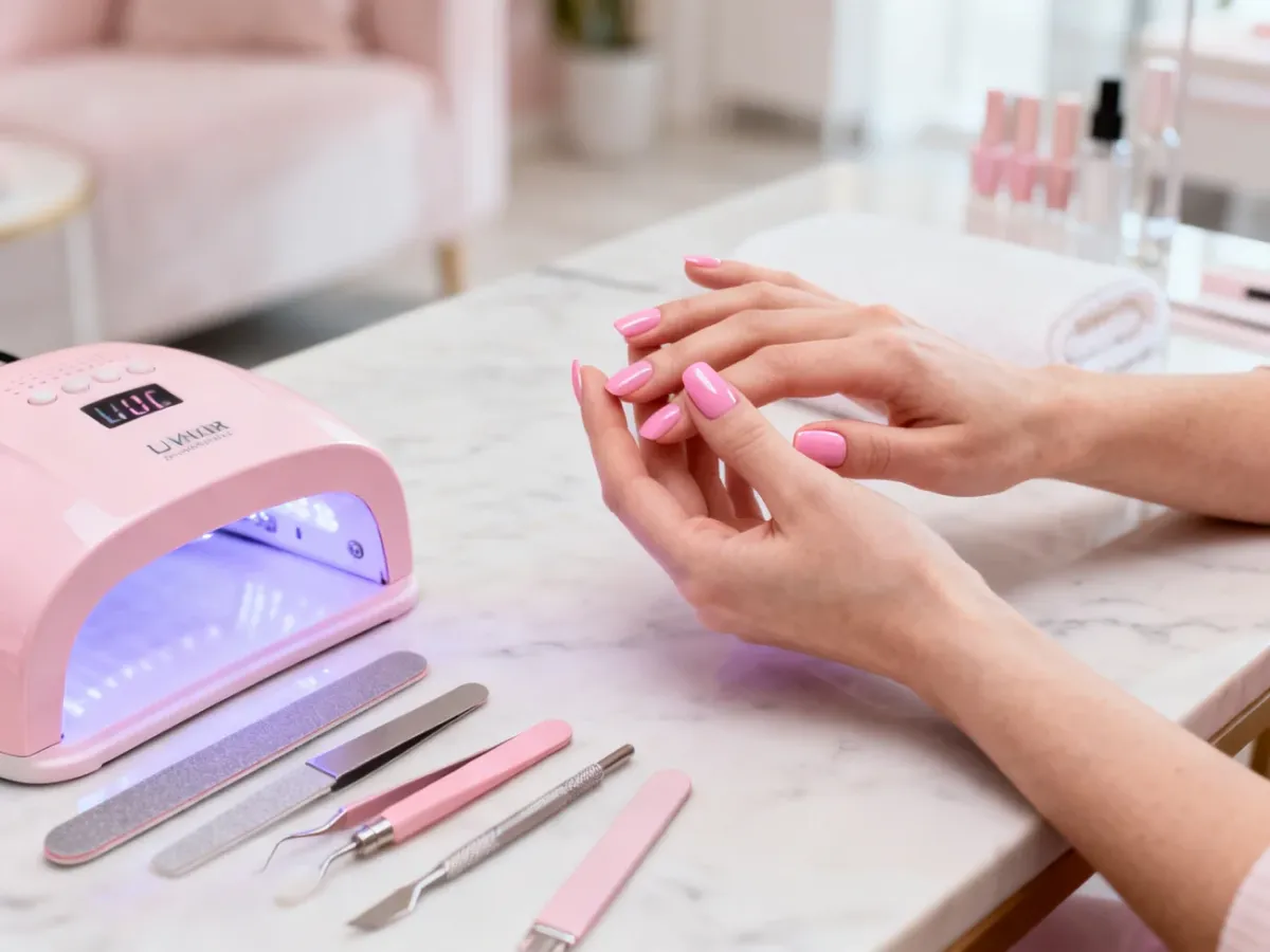 Zadbane dłonie z pastelowym manicure hybrydowym oraz zestaw profesjonalnych narzędzi do stylizacji paznokci na marmurowym stole.