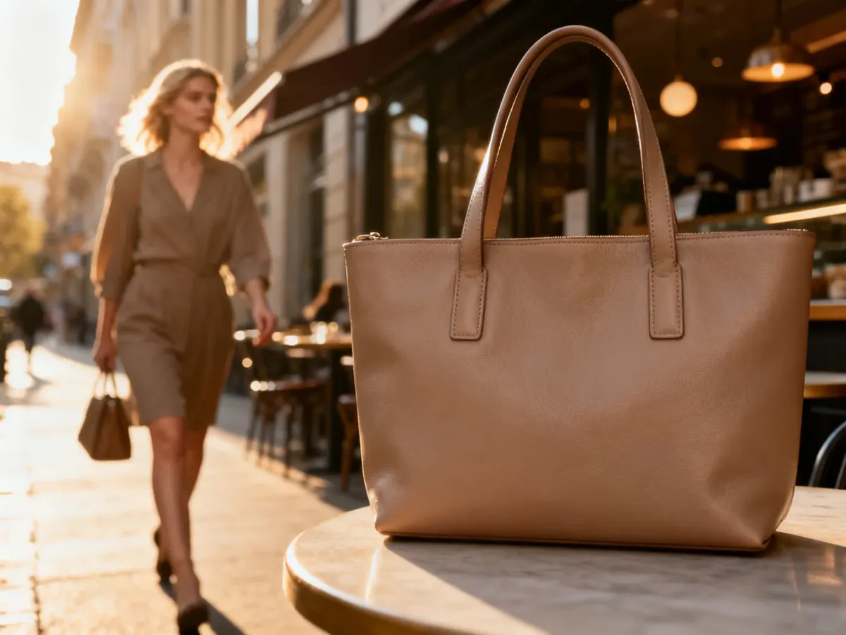 Elegancka kobieta spaceruje ulicą z minimalistyczną skórzaną torebką, która stanowi idealny dodatek do codziennej stylizacji.